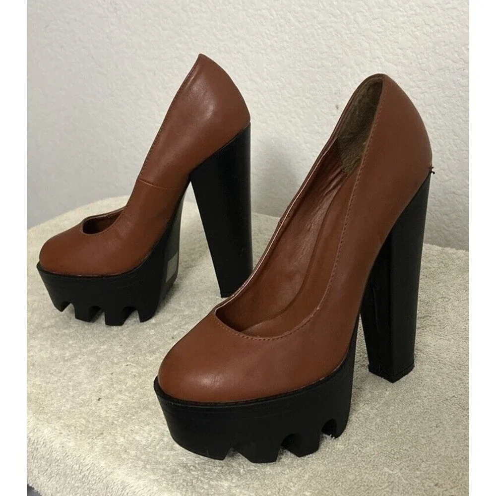 HRH Women's Platform Block High Heels Chunky Shoes Brown and Black Size 6 1/2